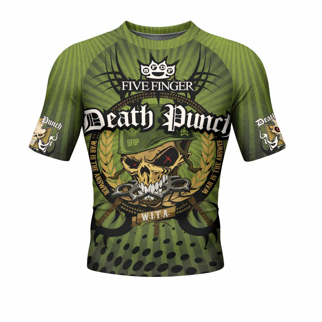 Five Finger Death Punch Green V Men's Rash Guard Short Sleeve - front and back view