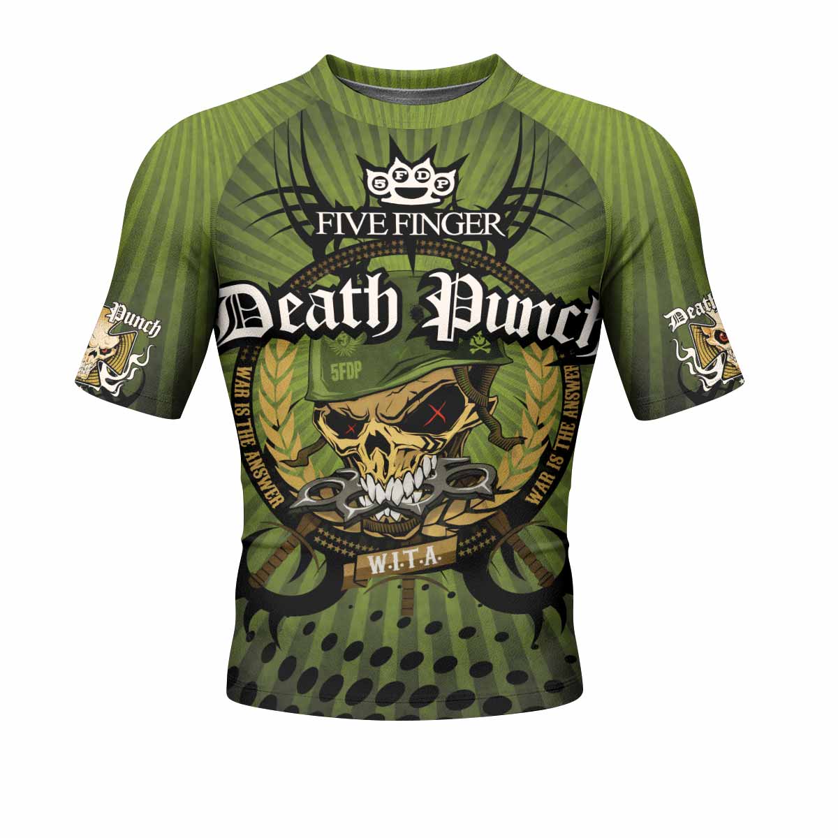 Five Finger Death Punch Green V Men's Rash Guard Short Sleeve - front view mockup