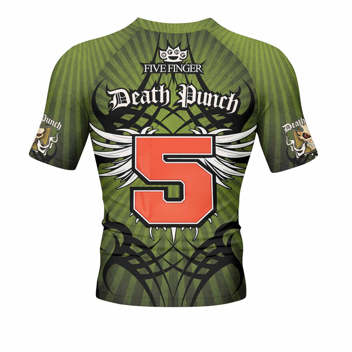 Five Finger Death Punch Green V Men's Rash Guard Short Sleeve - back view mockup