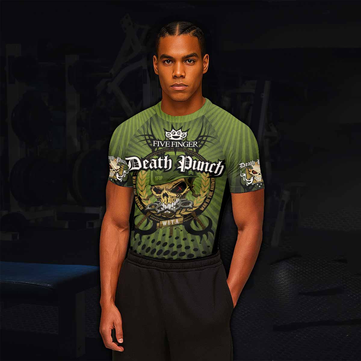 Five Finger Death Punch Green V Men's Rash Guard Short Sleeve - lifestyle view