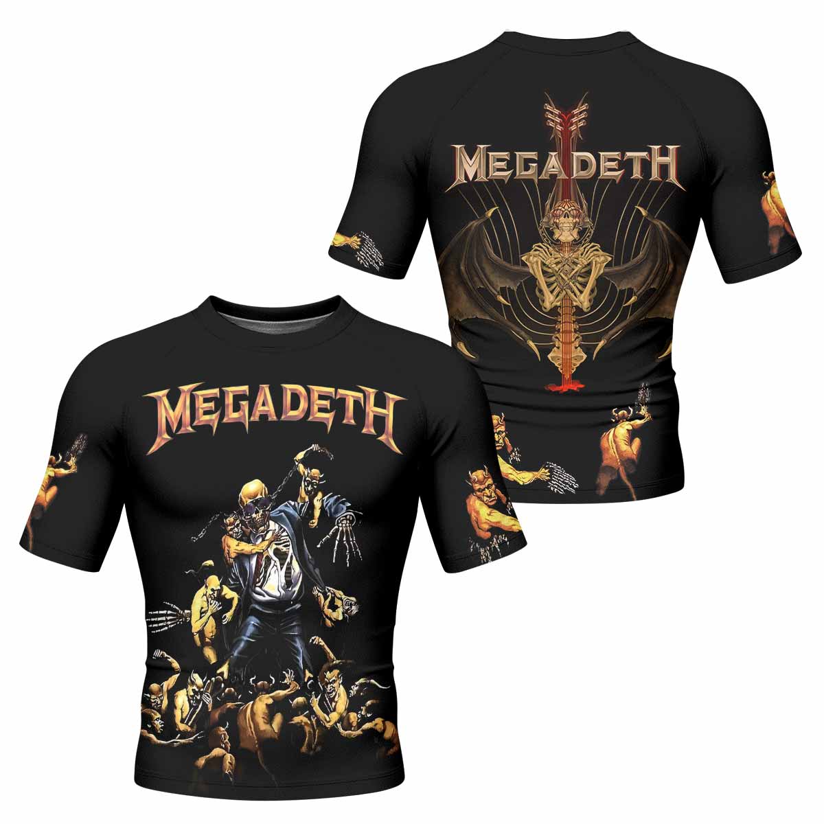 Megadeth Holy Wars 991 Wild Oats Men's Rash Guard Short Sleeve - front and back view