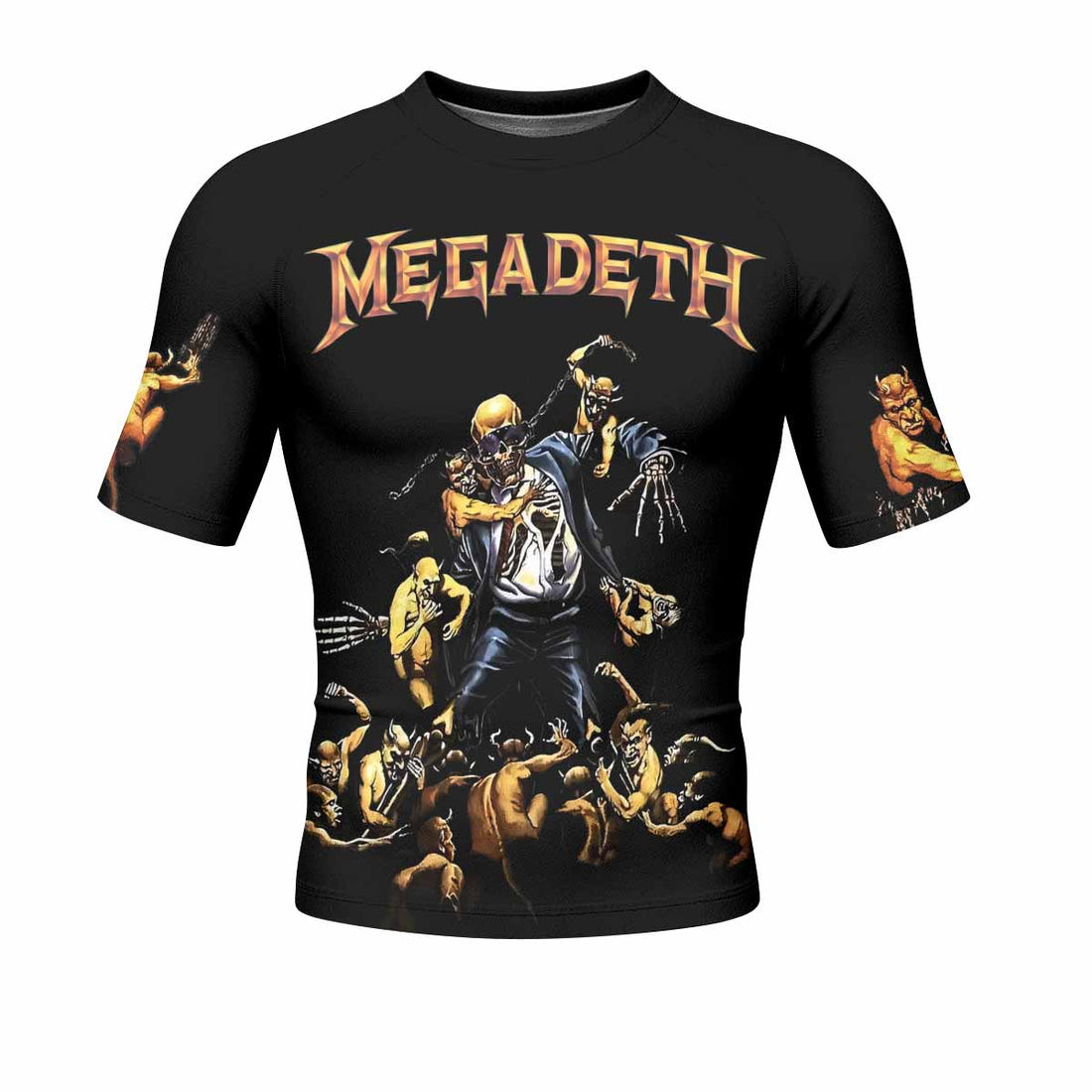 Megadeth Holy Wars 991 Wild Oats Men's Rash Guard Short Sleeve - front and back view