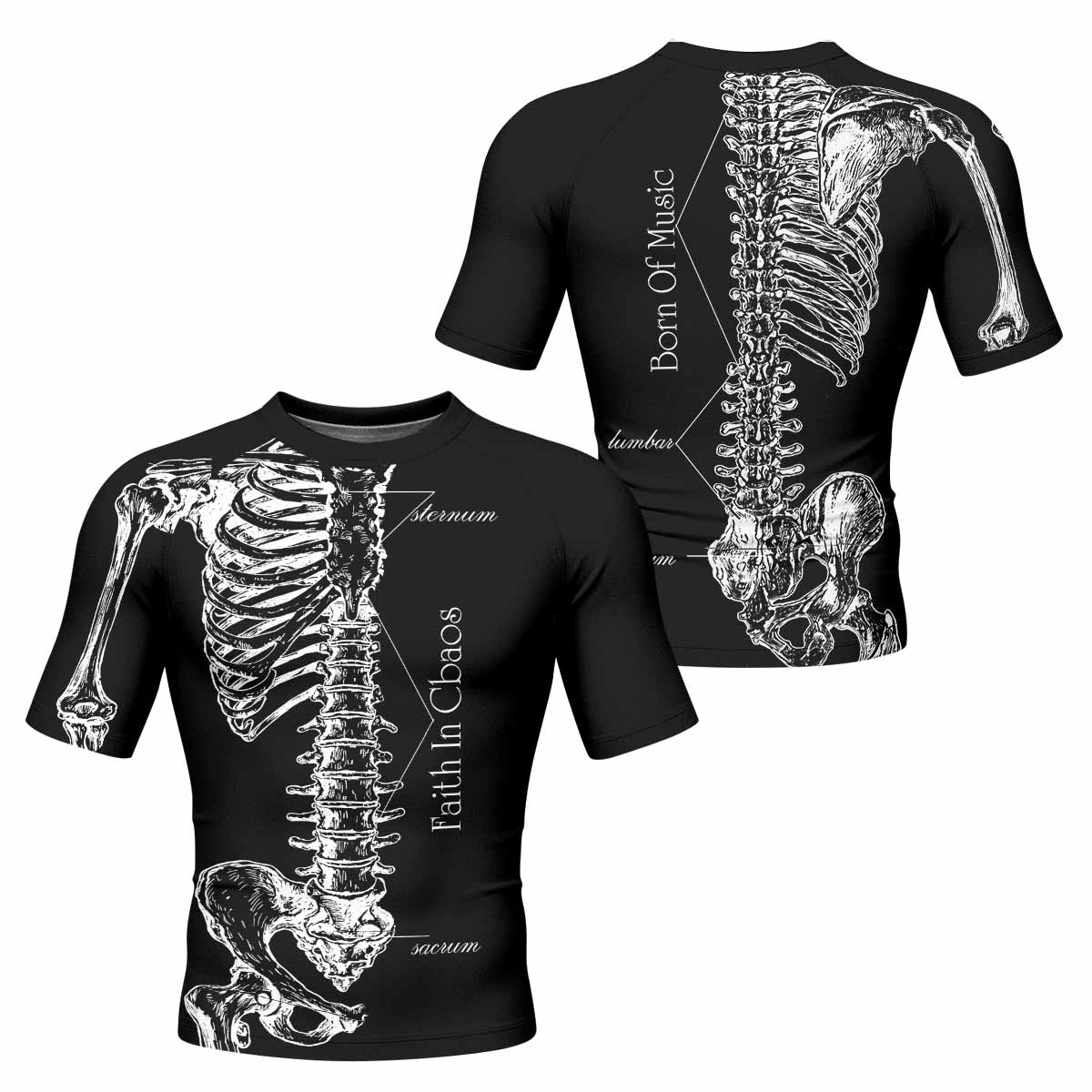 Faith In Chaos Skeleton Men's Rash Guard Short Sleeve - front and back view