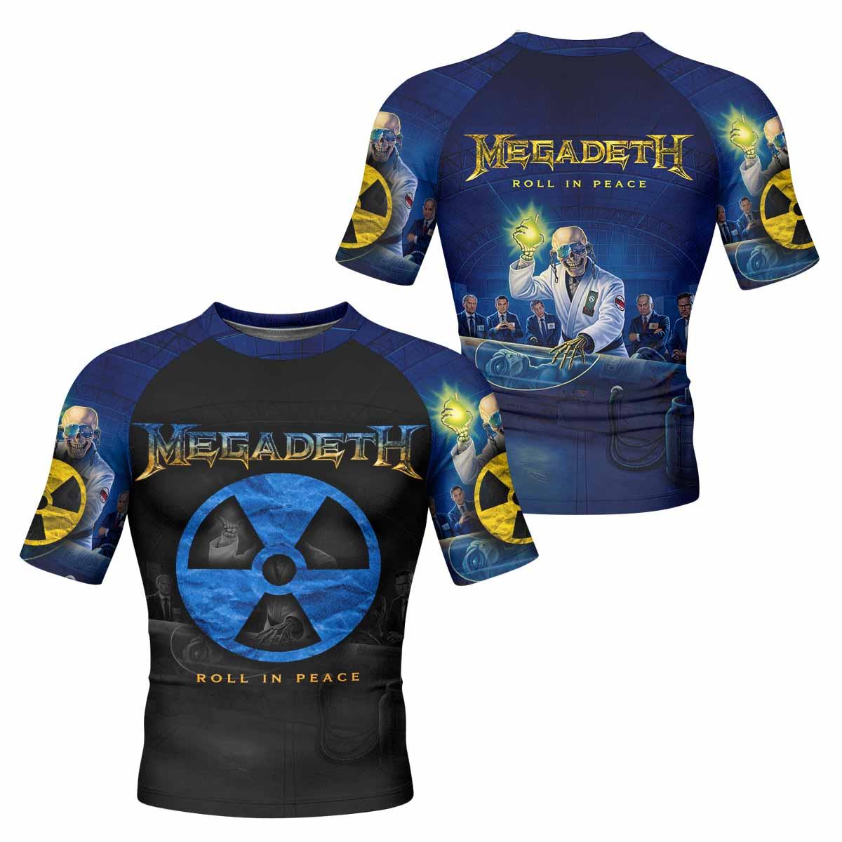 Megadeth Roll In Peace Men's Rash Guard Short Sleeve - front and back view