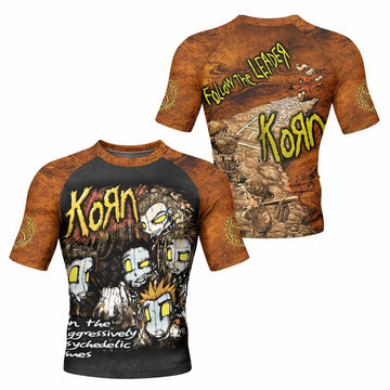 Follow the Leader Korn Men's Rash Guard Short Sleeve - front and back view