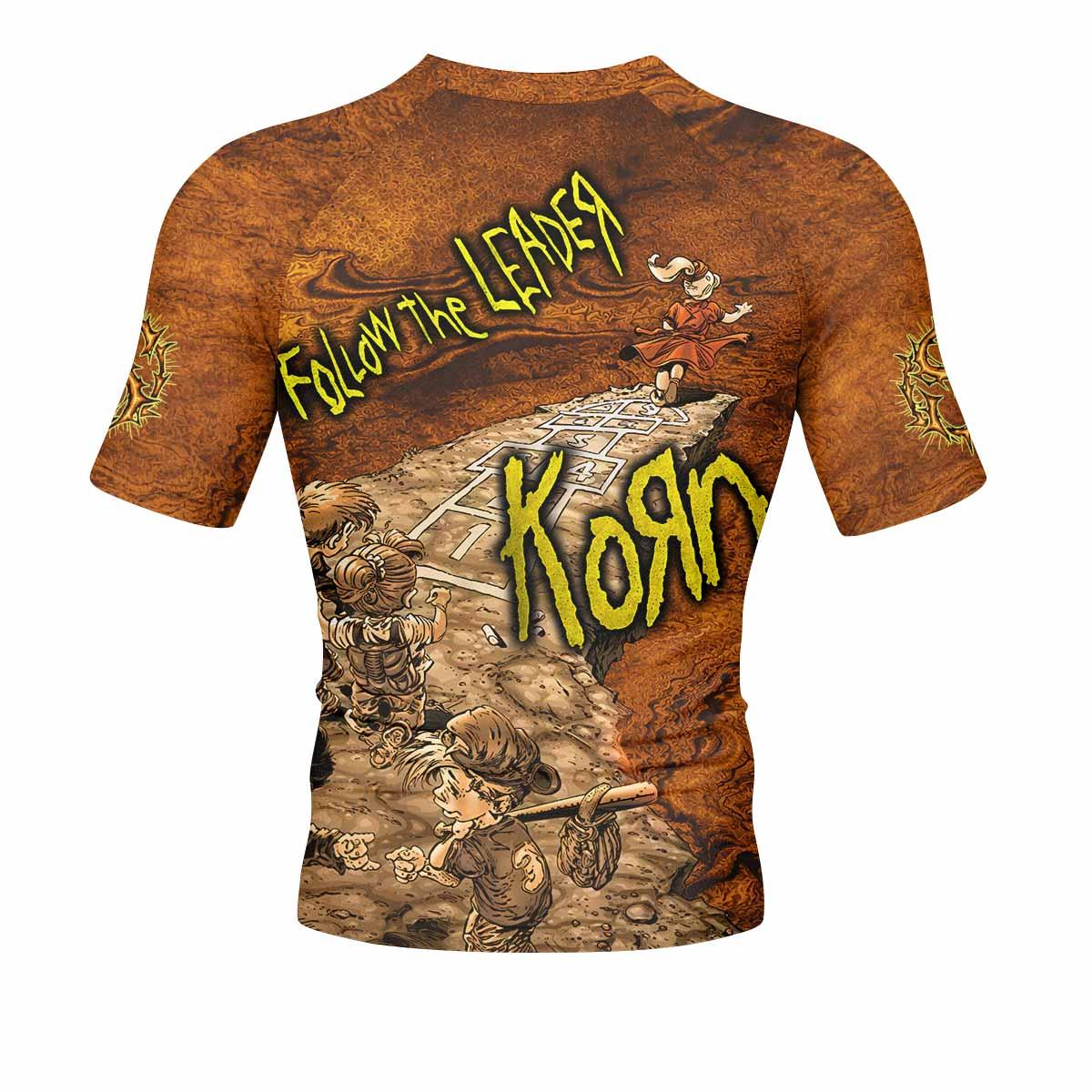 Follow the Leader Korn Men's Rash Guard Short Sleeve - back view mockup