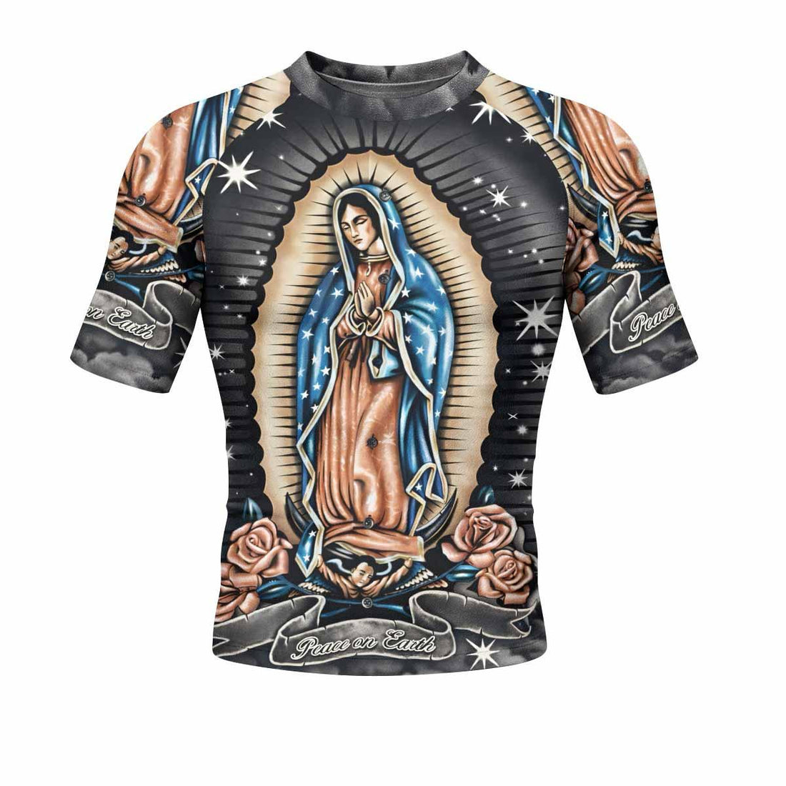 Peace on Earth Men's Rash Guard Short Sleeve - front and back view