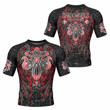Crimson Faith Cross Men's Rash Guard Short Sleeve - front and back view