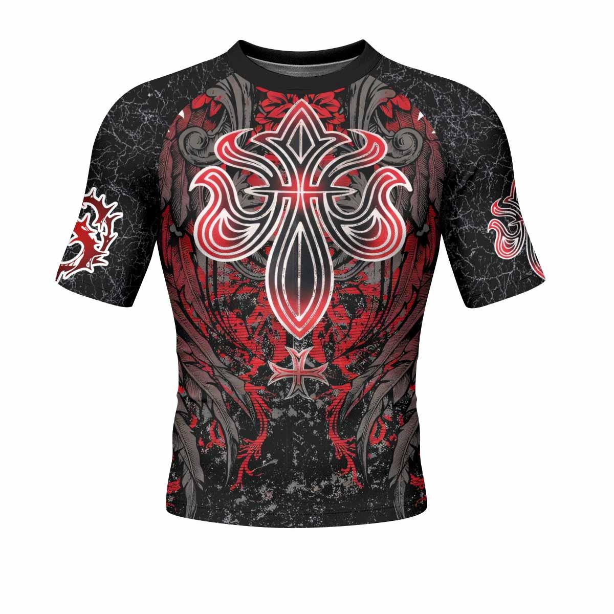Crimson Faith Cross Men's Rash Guard Short Sleeve - front view mockup