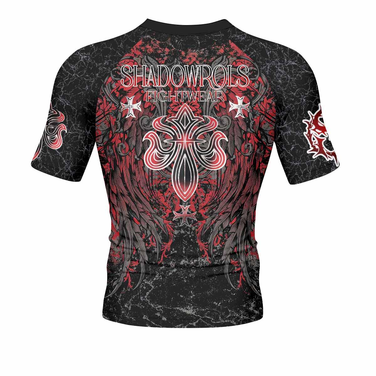 Crimson Faith Cross Men's Rash Guard Short Sleeve - back view mockup