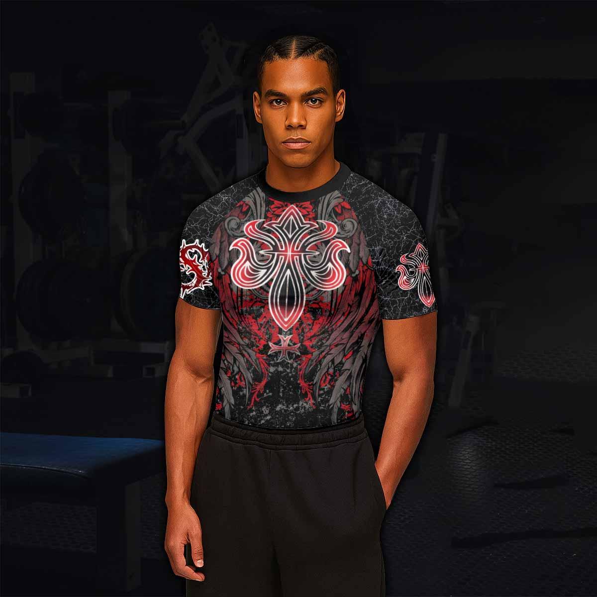 Crimson Faith Cross Men's Rash Guard Short Sleeve - lifestyle view