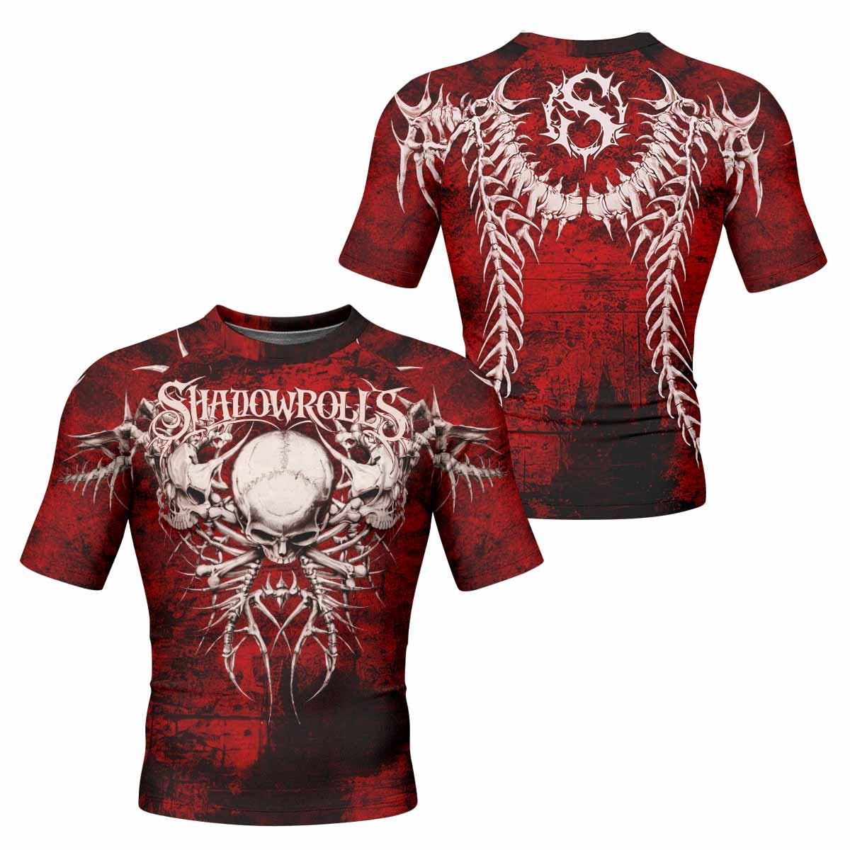 Blood Spine Skull Men's Rash Guard Short Sleeve - front and back view