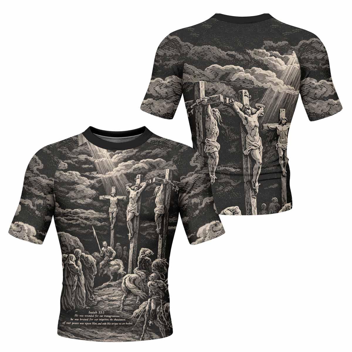 By His Stripes We Are Healed Men's Rash Guard Short Sleeve - front and back view