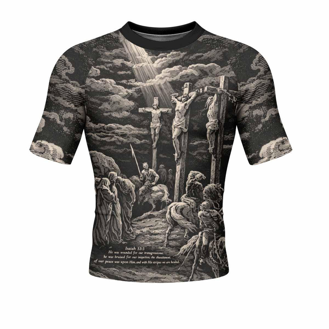 By His Stripes We Are Healed Men's Rash Guard Short Sleeve - front and back view