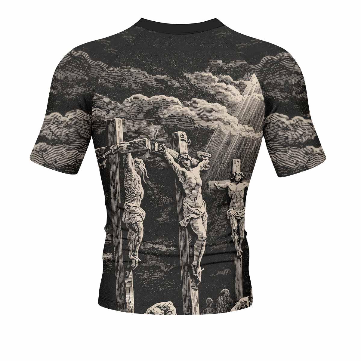 By His Stripes We Are Healed Men's Rash Guard Short Sleeve - back view mockup