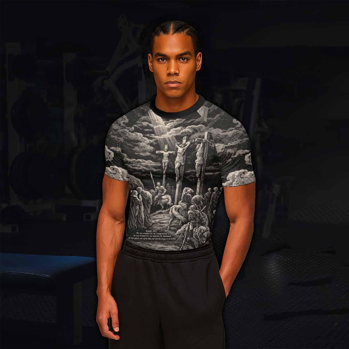 By His Stripes We Are Healed Men's Rash Guard Short Sleeve - lifestyle view
