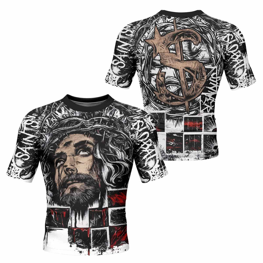 Man of Sorrows Men's Rash Guard Short Sleeve - front and back view