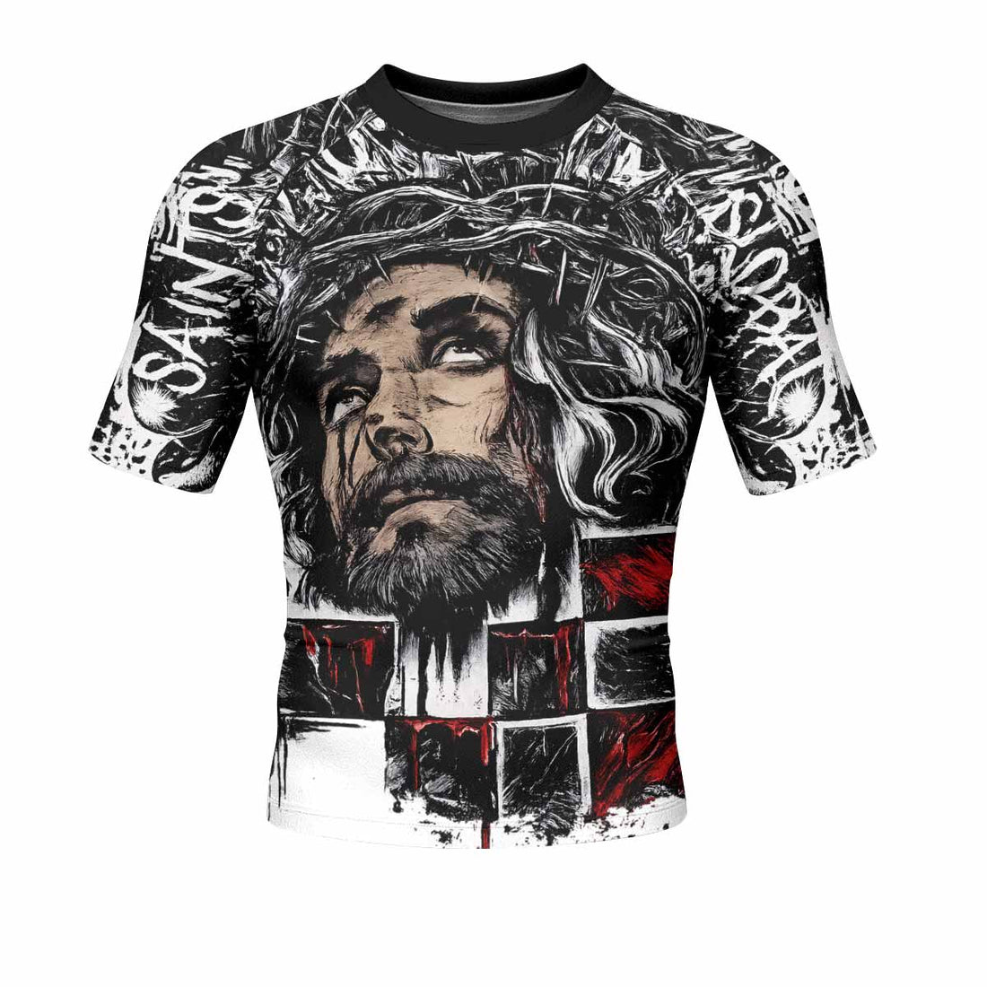 Man of Sorrows Men's Rash Guard Short Sleeve - front and back view