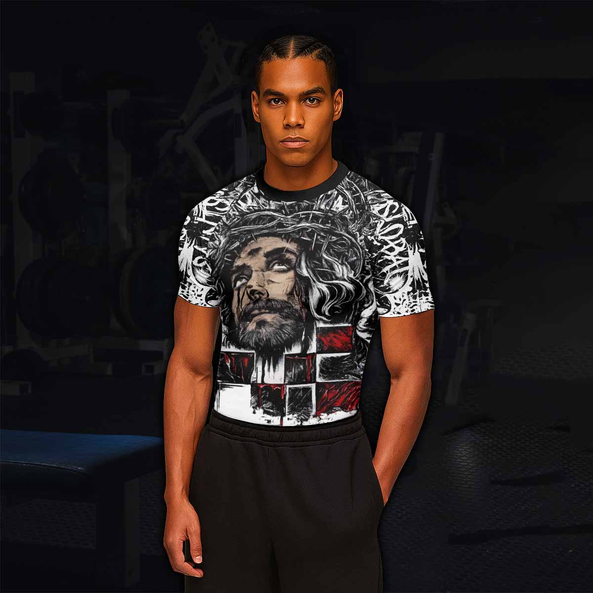 Man of Sorrows Men's Rash Guard Short Sleeve - lifestyle view