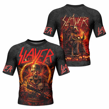 Slayer Goat Skull Men's Rash Guard Short Sleeve - front and back view