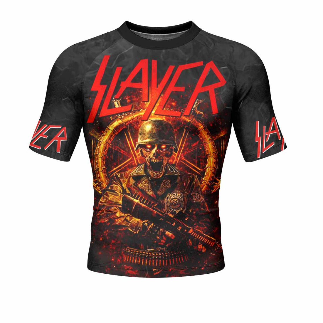 Slayer Goat Skull Men's Rash Guard Short Sleeve - front and back view