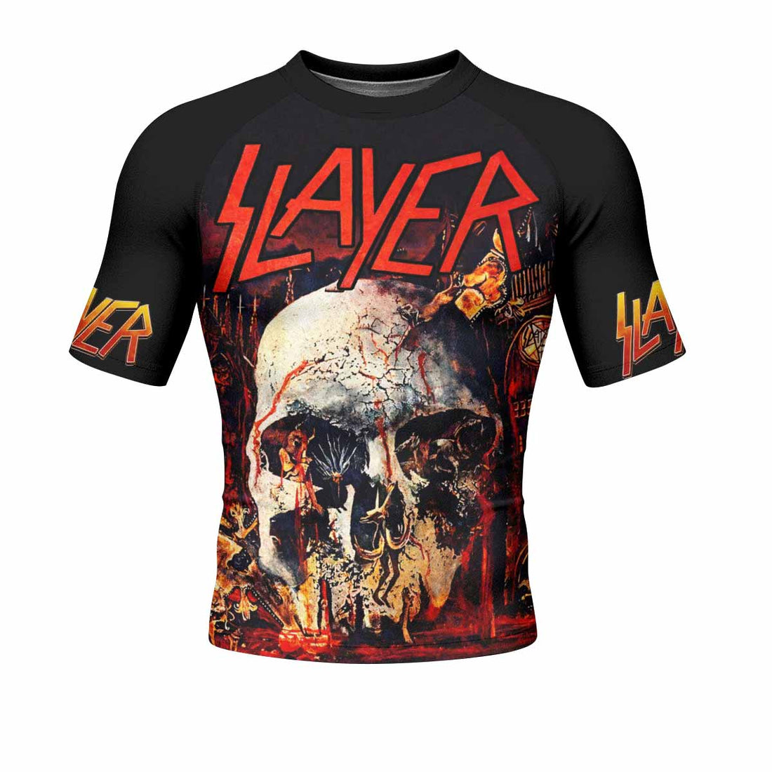Slayer South Of Heaven Men's Rash Guard Short Sleeve - front and back view
