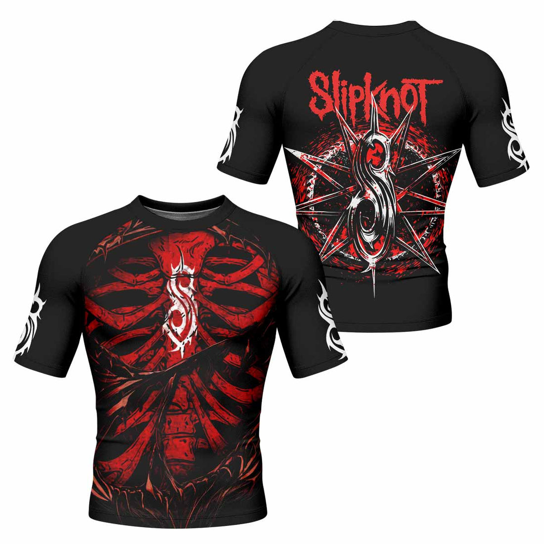 Slipknot Crimson Ribcage Men's Rash Guard Short Sleeve - front and back view
