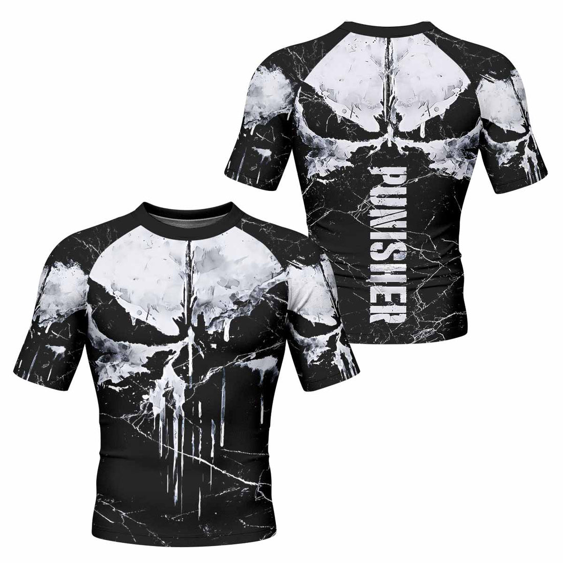 Punisher War Skull Men's Rash Guard Short Sleeve - front and back view