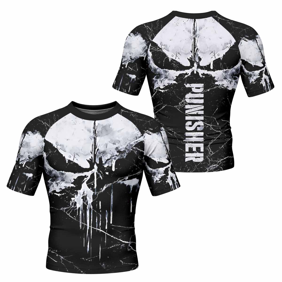 Punisher War Skull Men's Rash Guard Short Sleeve - front and back view