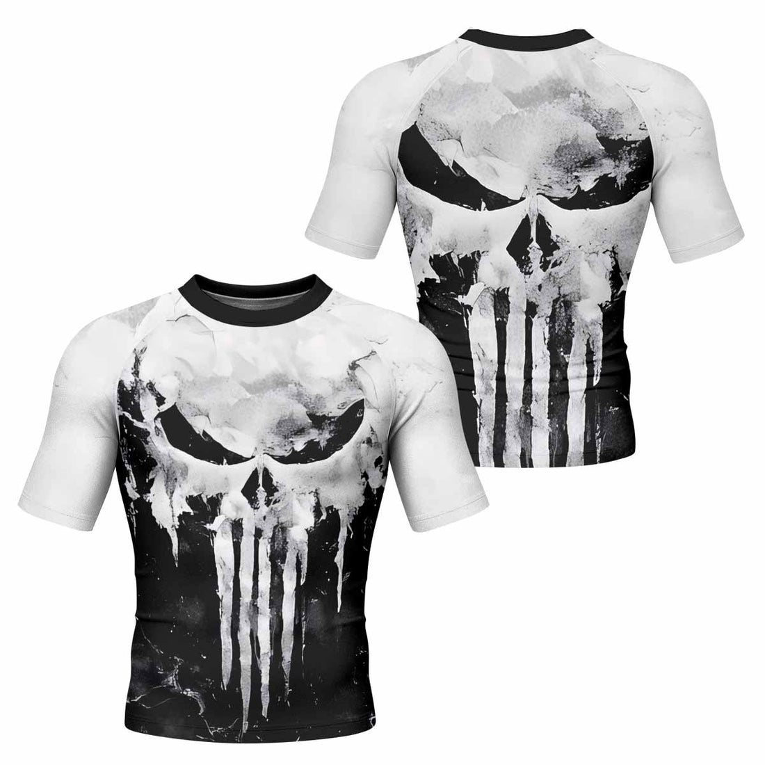 Punisher Ghost Skull Men's Rash Guard Short Sleeve - front and back view