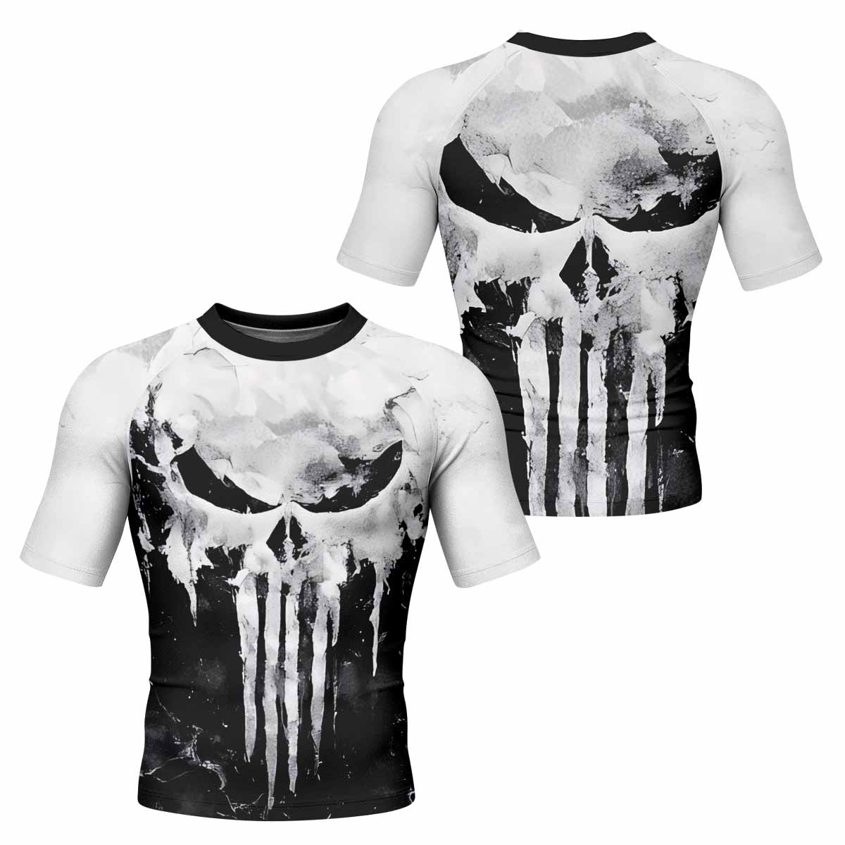 Punisher Ghost Skull Men's Rash Guard Short Sleeve - front and back view