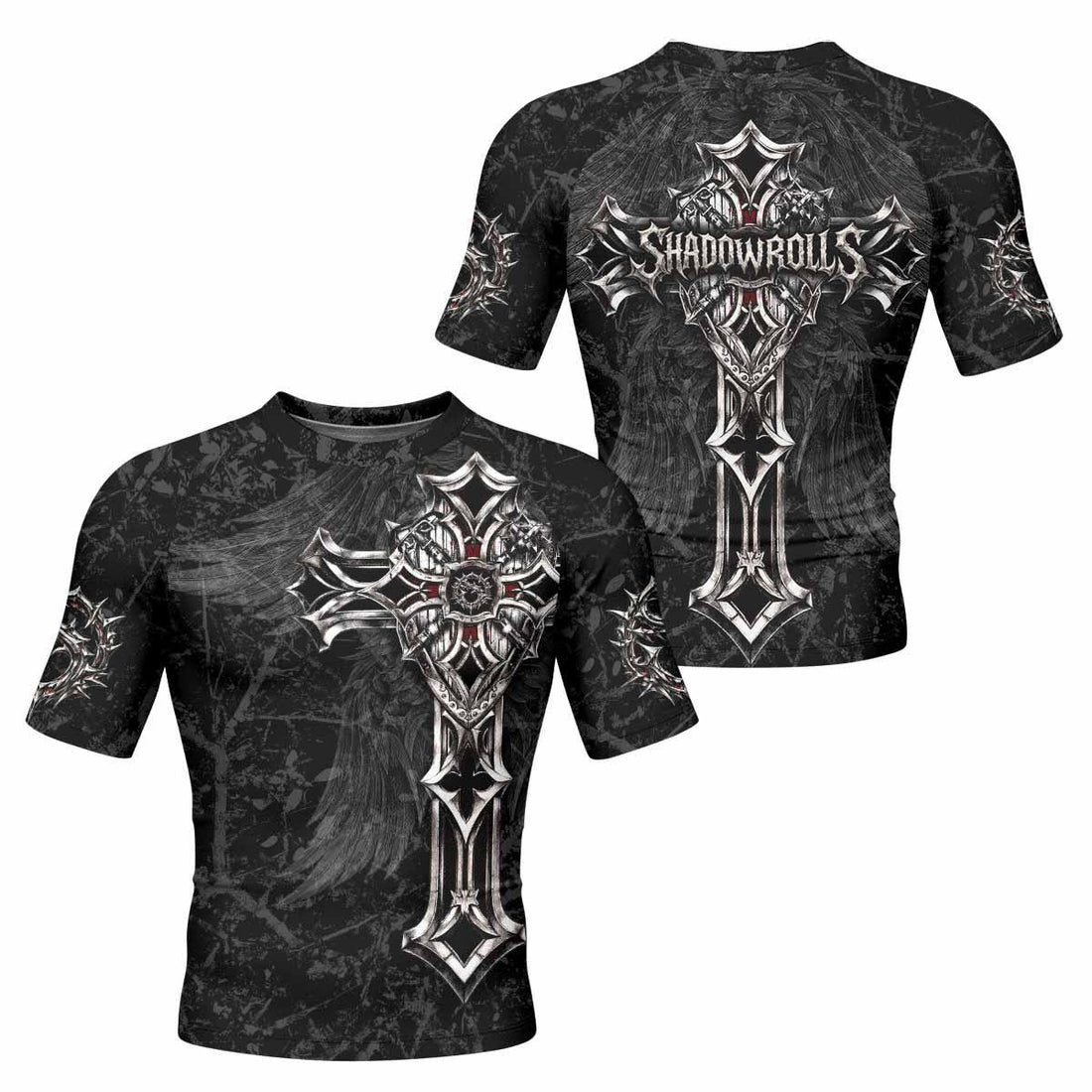 Crown of Thorns Cross Men's Rash Guard Short Sleeve - front and back view