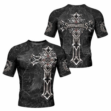 Crown of Thorns Cross Men's Rash Guard Short Sleeve - front and back view