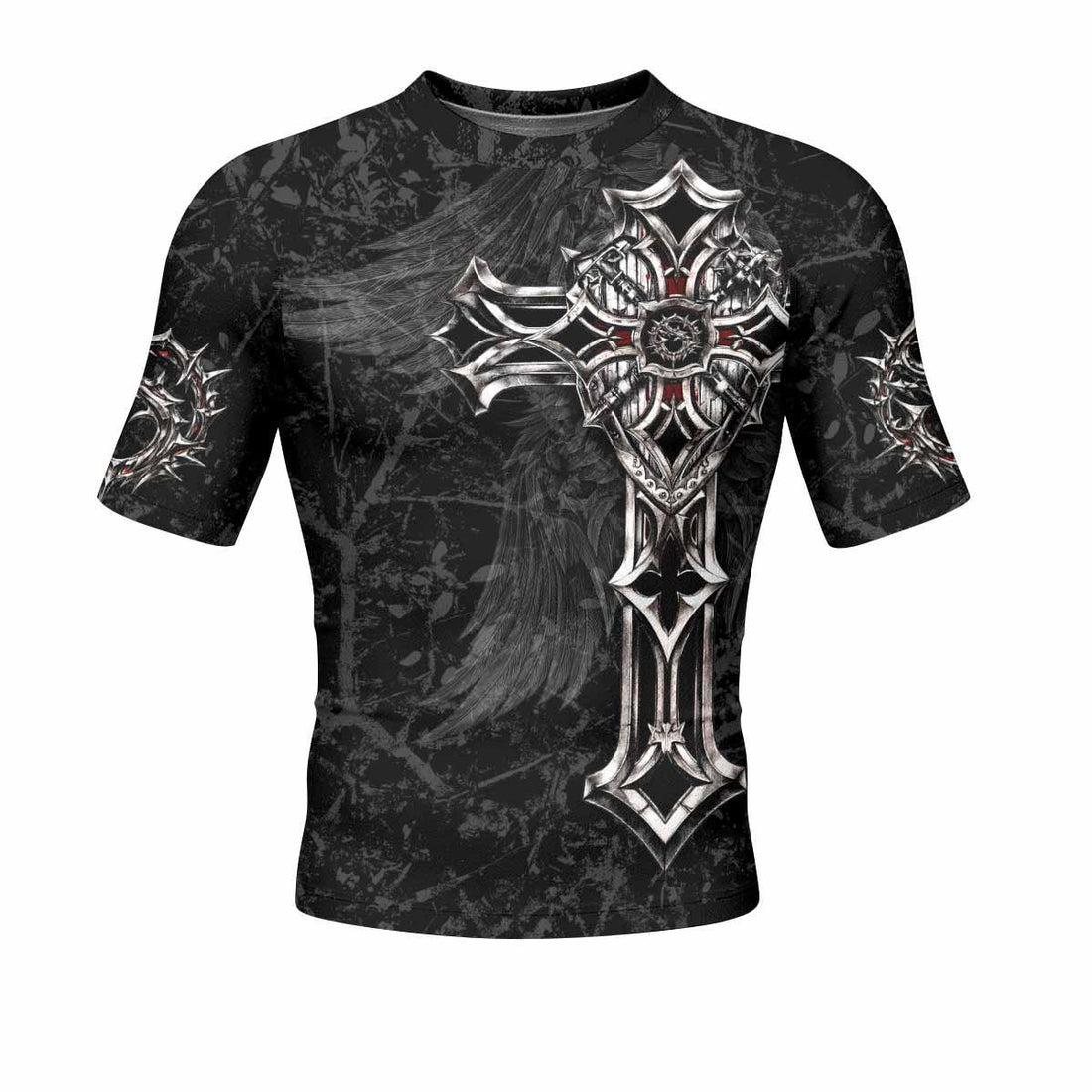 Crown of Thorns Cross Men's Rash Guard Short Sleeve - front and back view