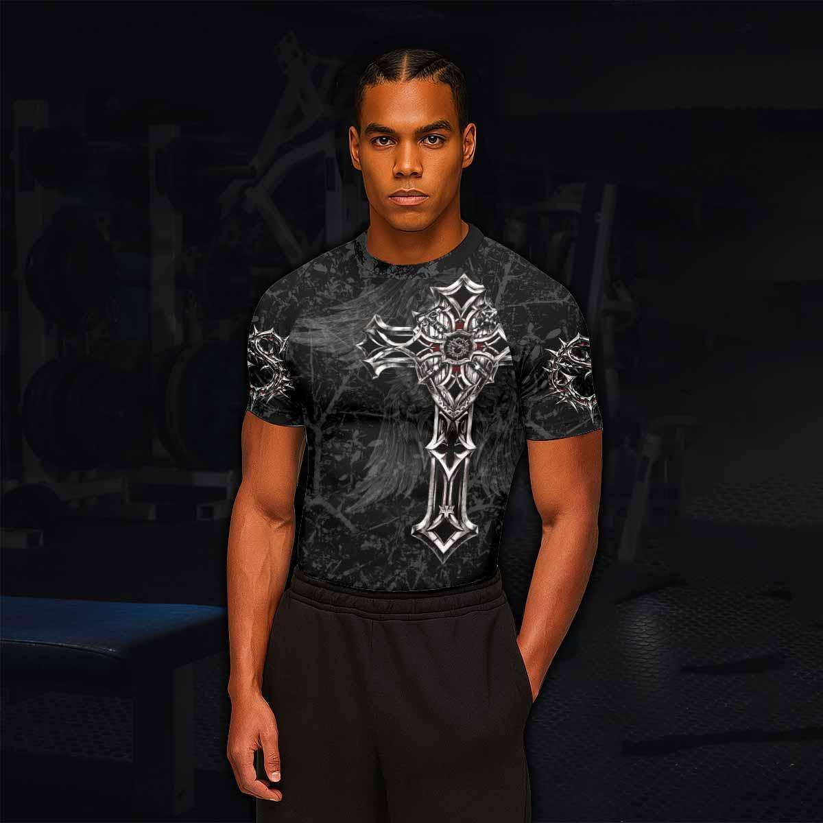 Crown of Thorns Cross Men's Rash Guard Short Sleeve - lifestyle view