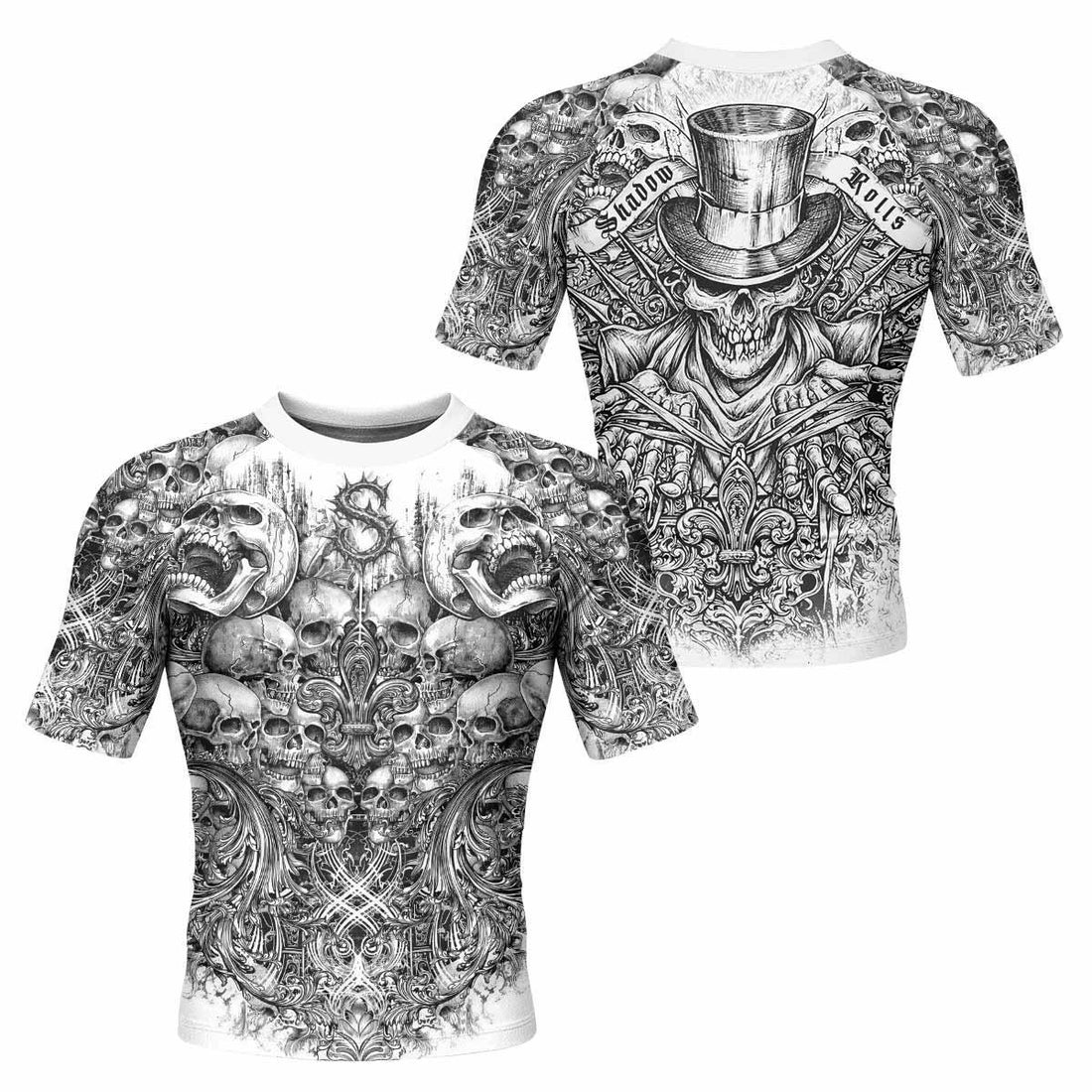 Memento Mori Skull Men's Rash Guard Short Sleeve - front and back view