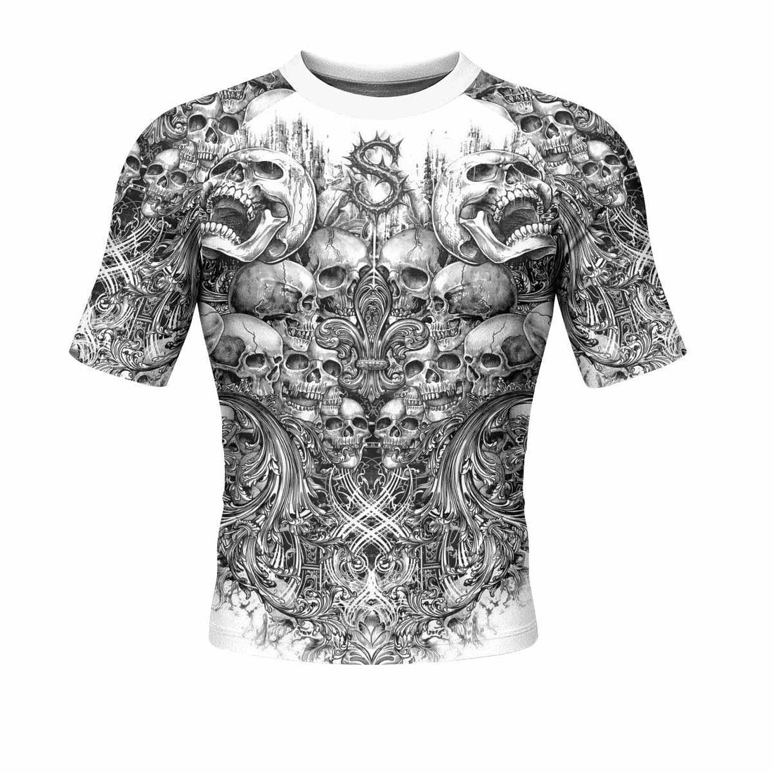 Memento Mori Skull Men's Rash Guard Short Sleeve - front and back view