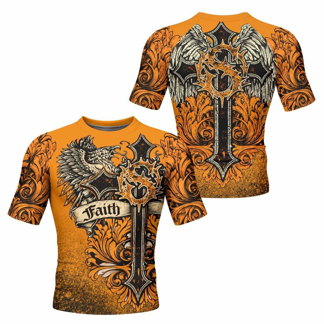 Faith Over Fear Crown Cross Men's Rash Guard Short Sleeve - front and back view