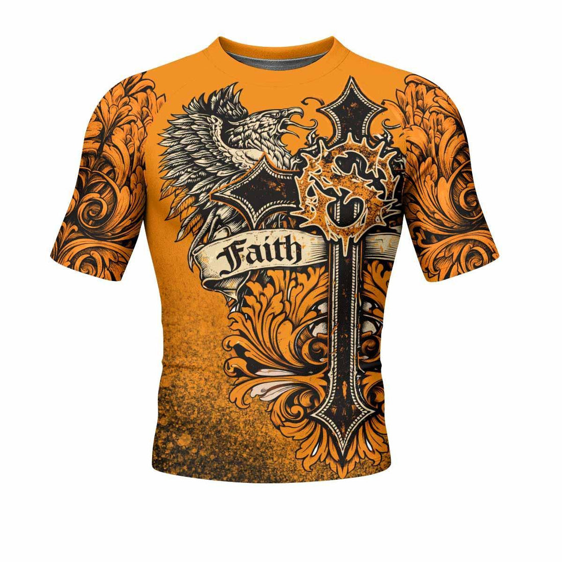 Faith Over Fear Crown Cross Men's Rash Guard Short Sleeve - front and back view