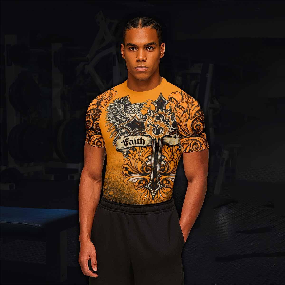 Faith Over Fear Crown Cross Men's Rash Guard Short Sleeve - lifestyle view