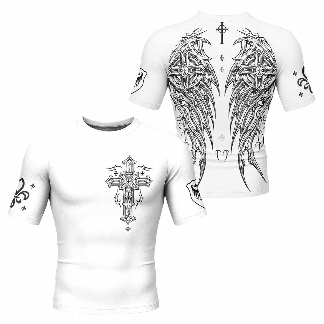 Angel Wings Cross Men's Rash Guard Short Sleeve - front and back view