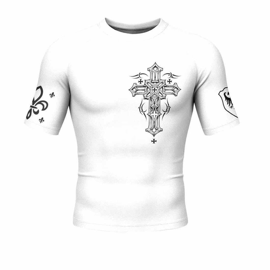 Angel Wings Cross Men's Rash Guard Short Sleeve - front and back view