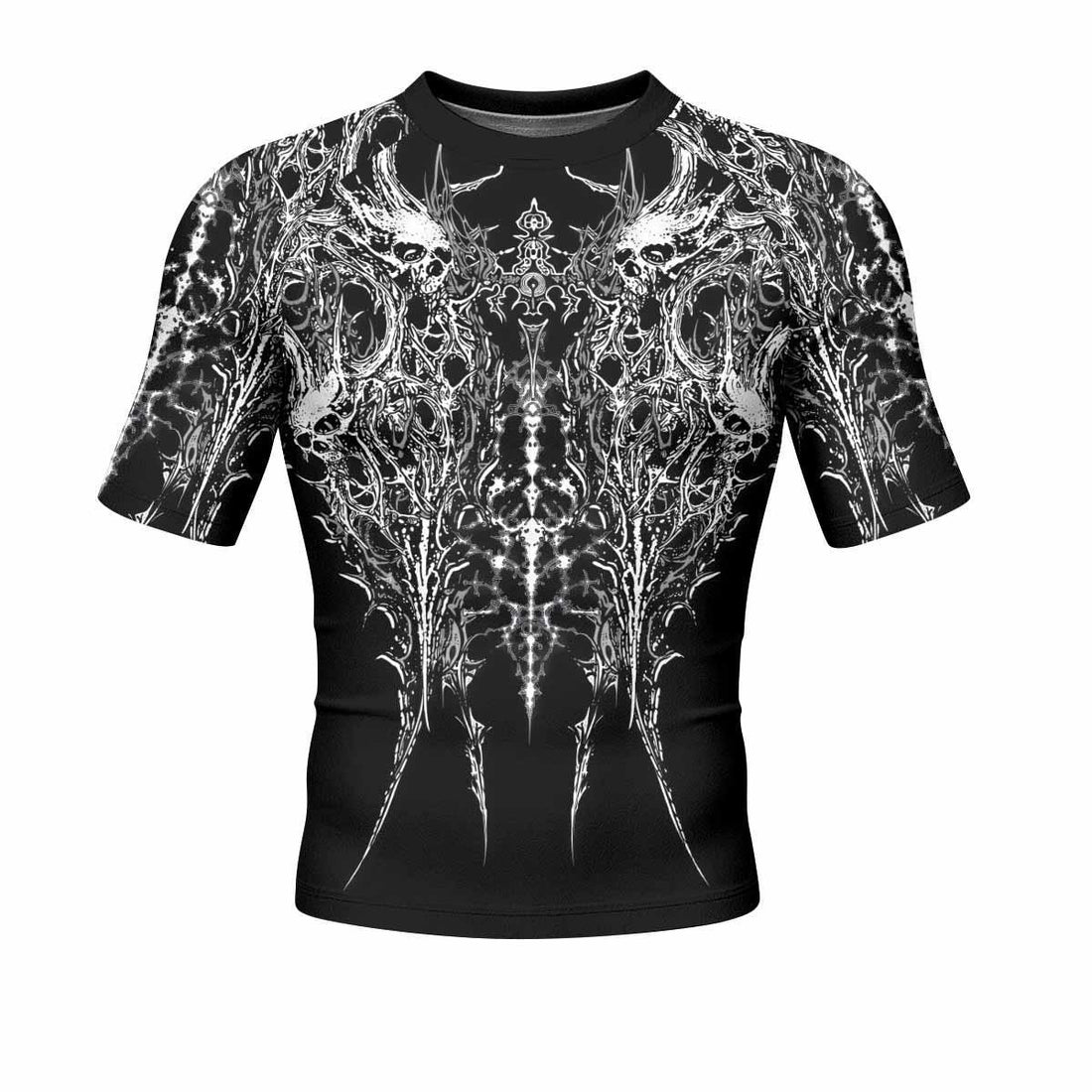 Mortalis Dark Spine Men's Rash Guard Short Sleeve - front and back view