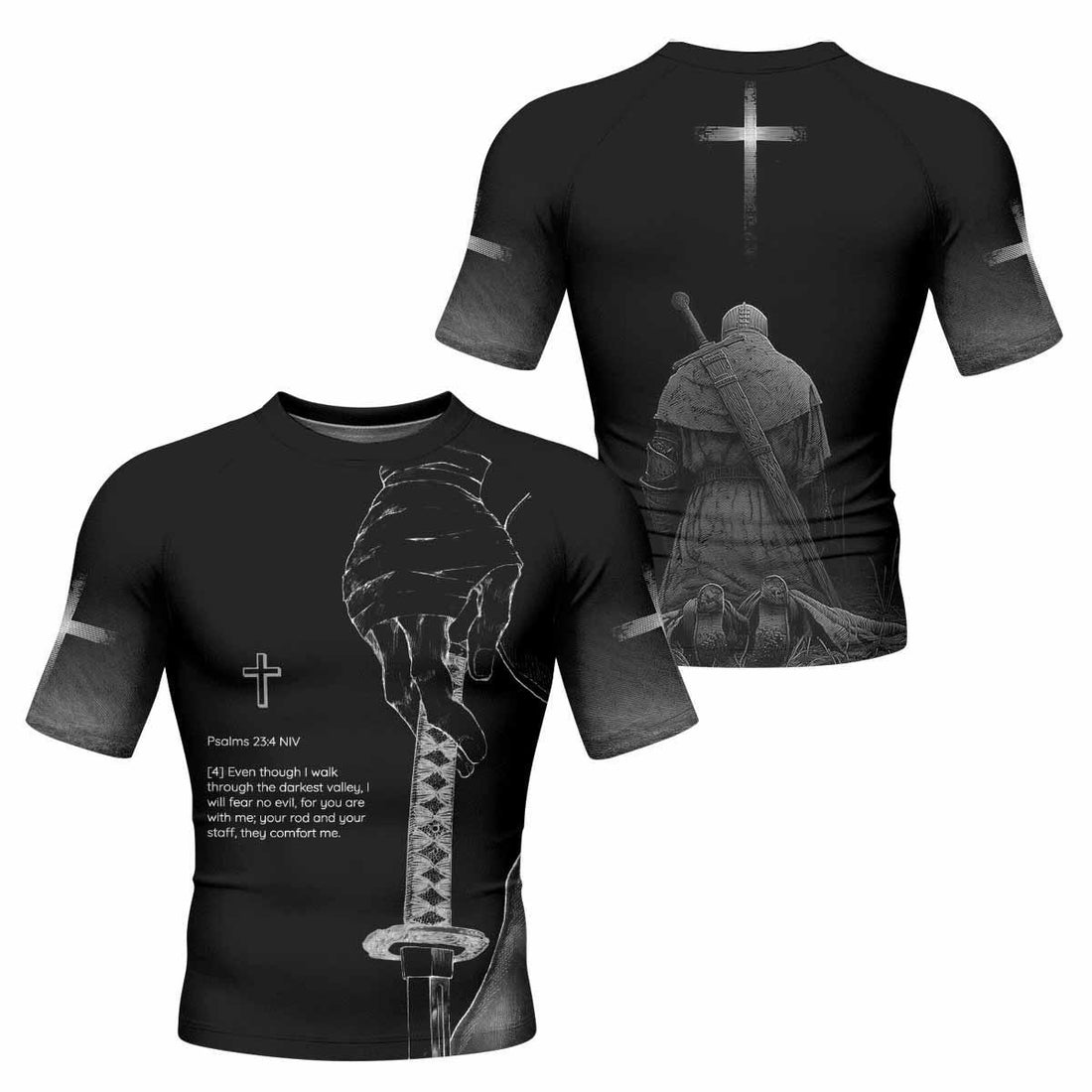 Psalms 23:4 NIV Men's Rash Guard Short Sleeve - front and back view