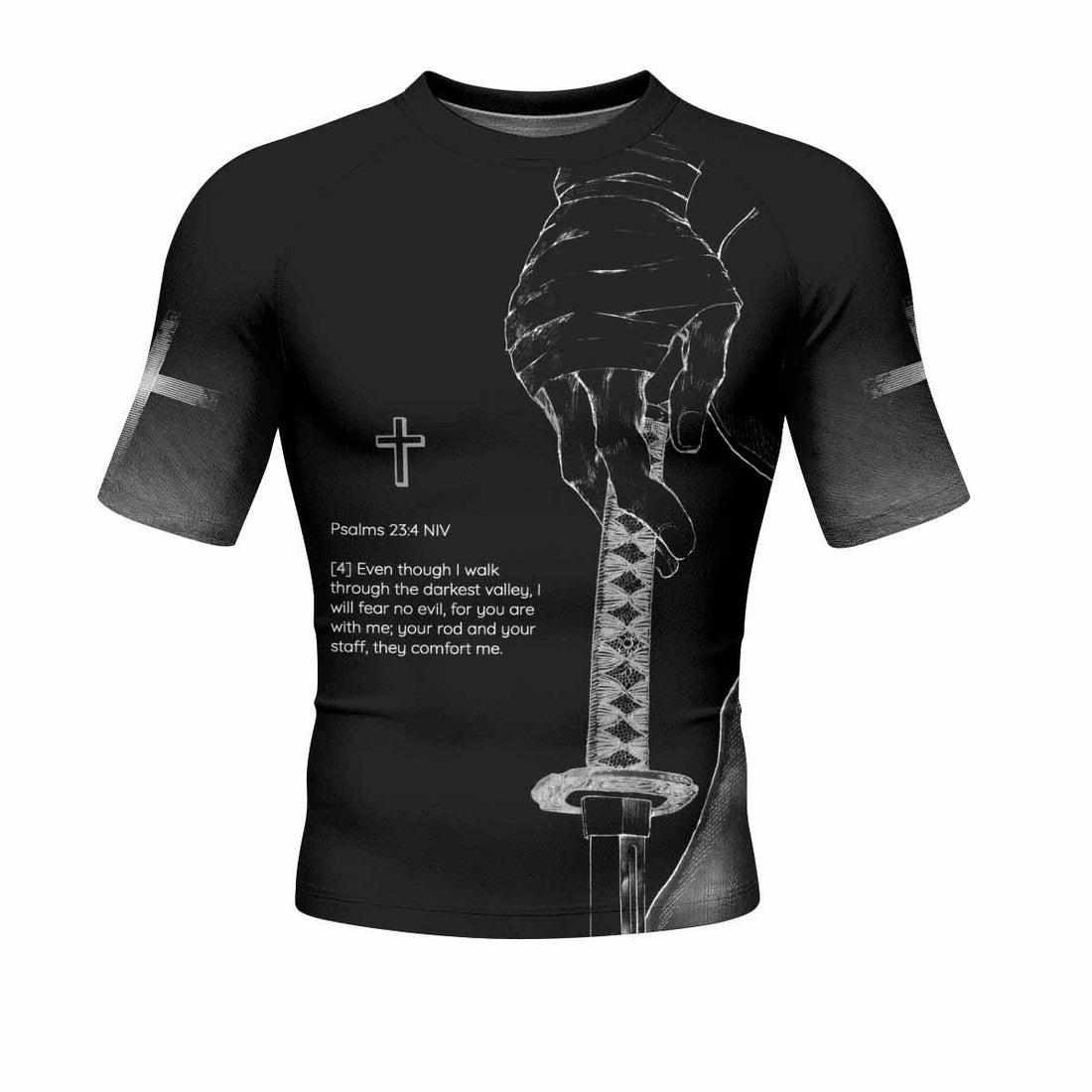 Psalms 23:4 NIV Men's Rash Guard Short Sleeve - front and back view