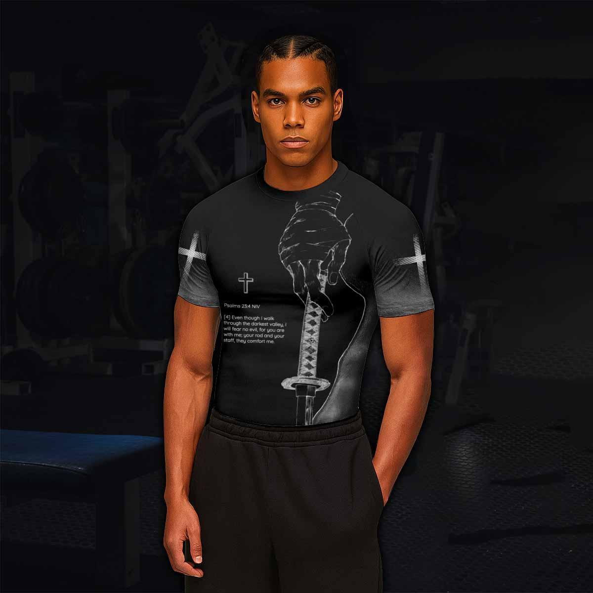 Psalms 23:4 NIV Men's Rash Guard Short Sleeve - lifestyle view