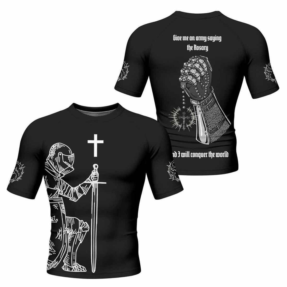 Give Me an Army Rosary Men's Rash Guard Short Sleeve - front and back view