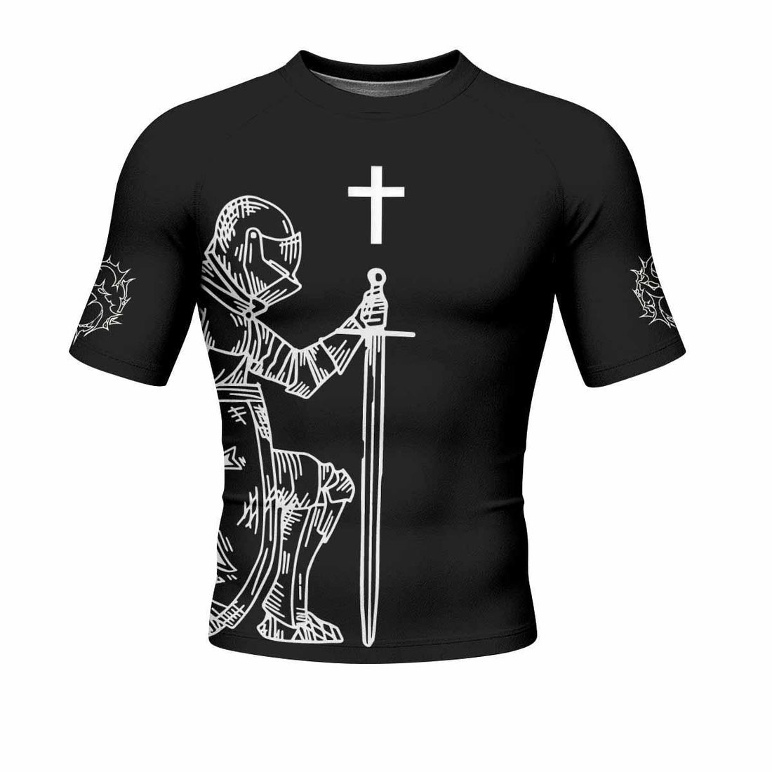 Give Me an Army Rosary Men's Rash Guard Short Sleeve - front and back view