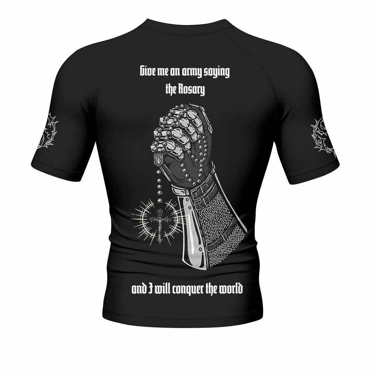 Give Me an Army Rosary Men's Rash Guard Short Sleeve - back view mockup