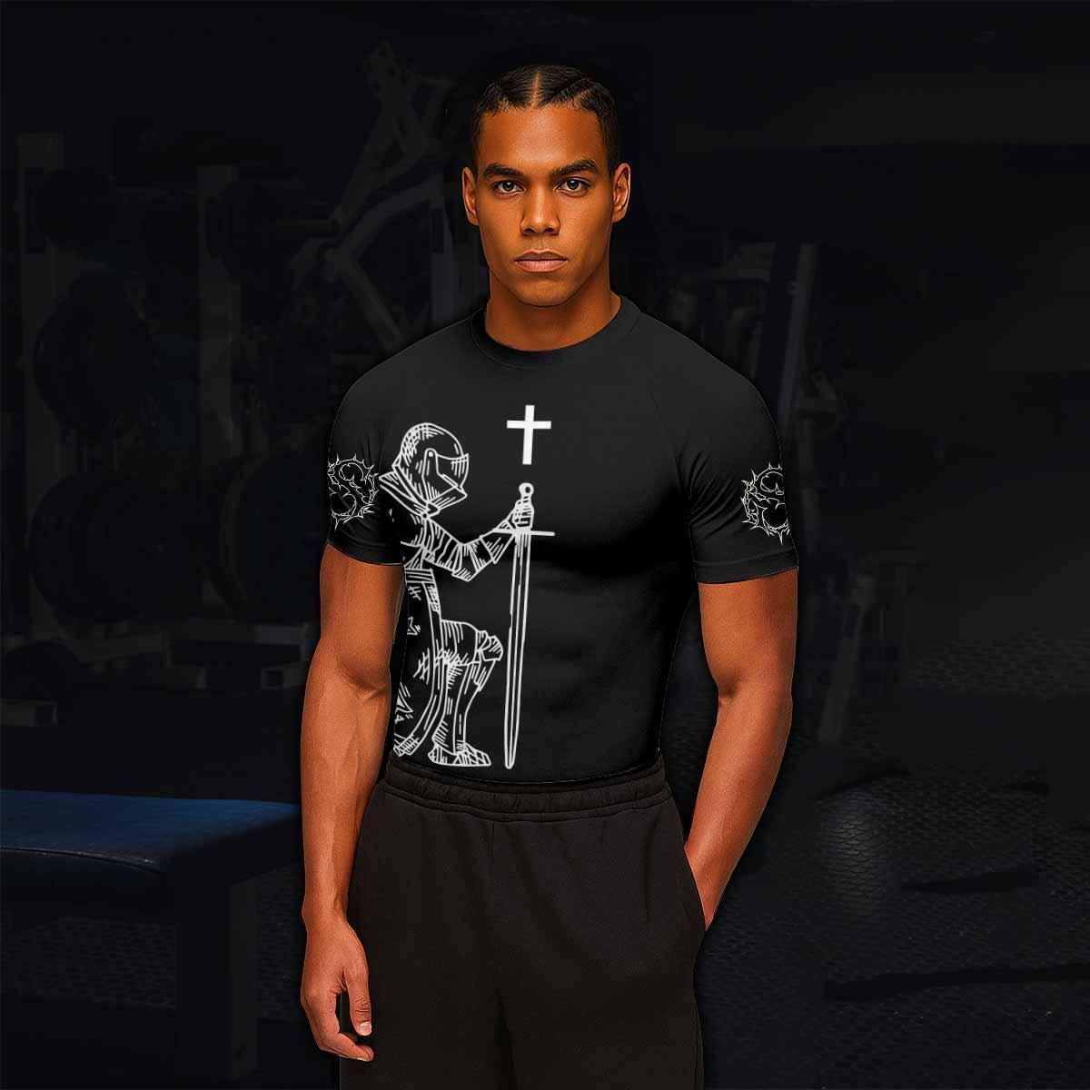 Give Me an Army Rosary Men's Rash Guard Short Sleeve - lifestyle view